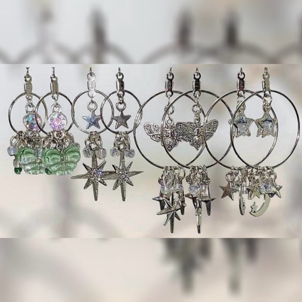 Silver Star and Charm Dangle Hoop Earrings
